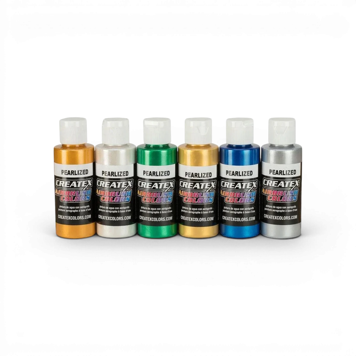 Ensemble de 6 flacons de 60 ml de peinture perlée Classic Perlized de Createx Colors, couleurs vives et brillantes.