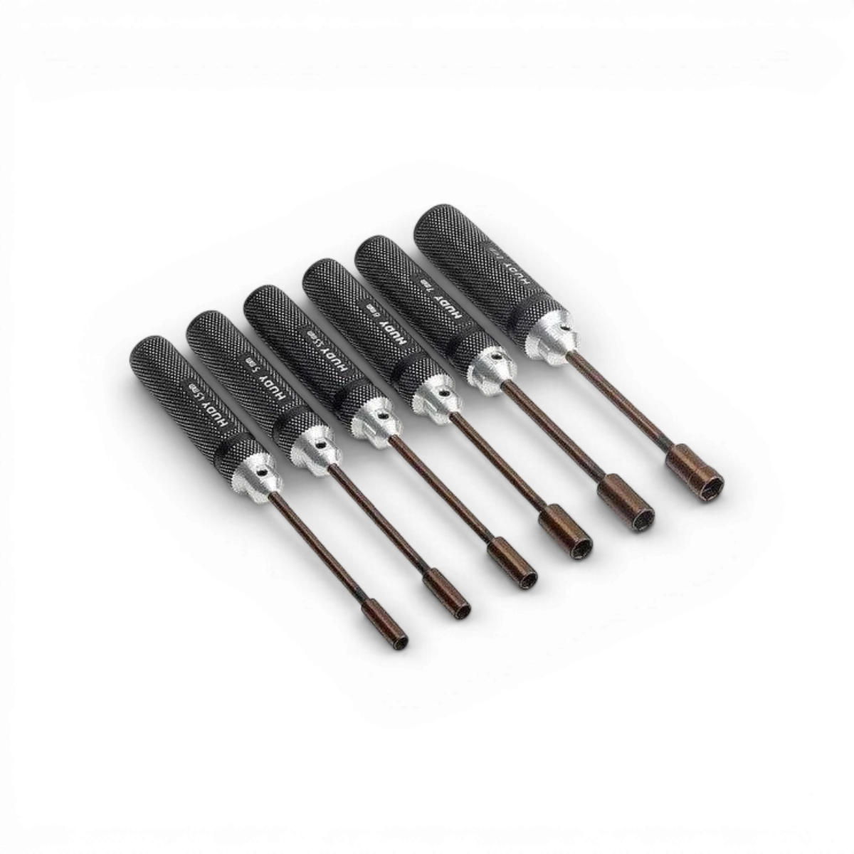Ensemble de 6 tournevis douille métrique Hudy pour accessoires, avec poignées ergonomiques et embouts interchangeables.
