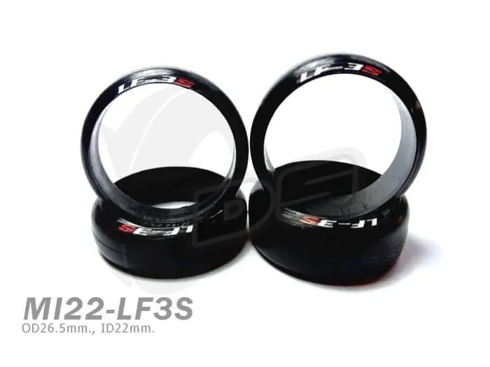 Ensemble de 4 pneus MiniZ DS Racing 22mm LF3S, 8,5/11mm, pour voitures radiocommandées, avec détails visibles.