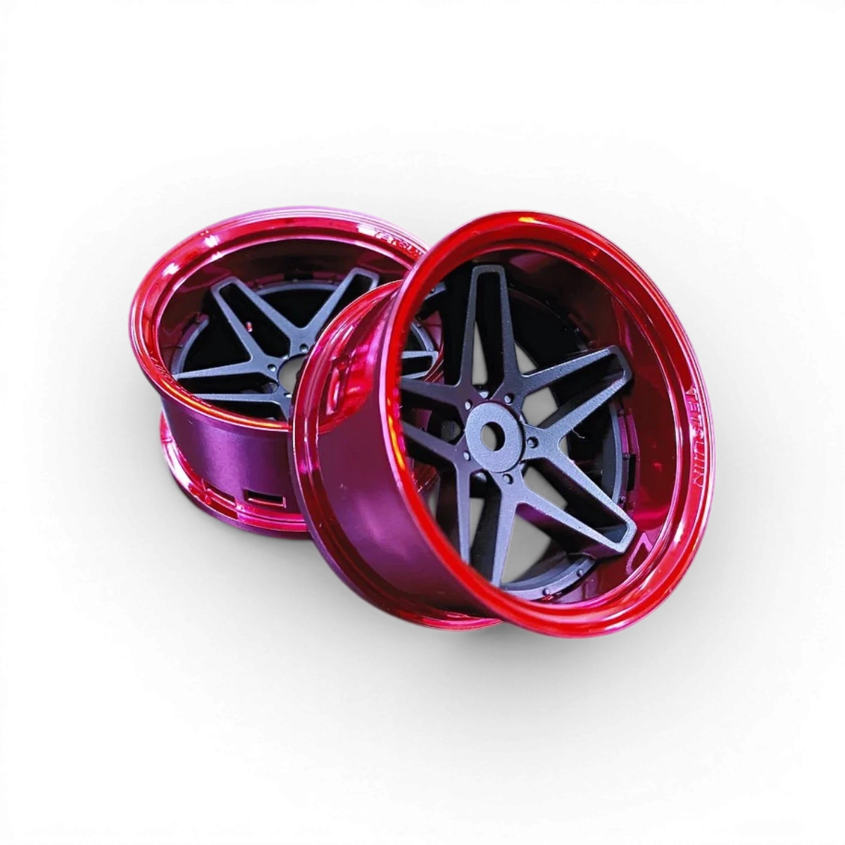 Jeu de roues Tetsujin Southern Cross Noir mat et Rouge chrome, avec détails brillants, pour voitures de drifting.