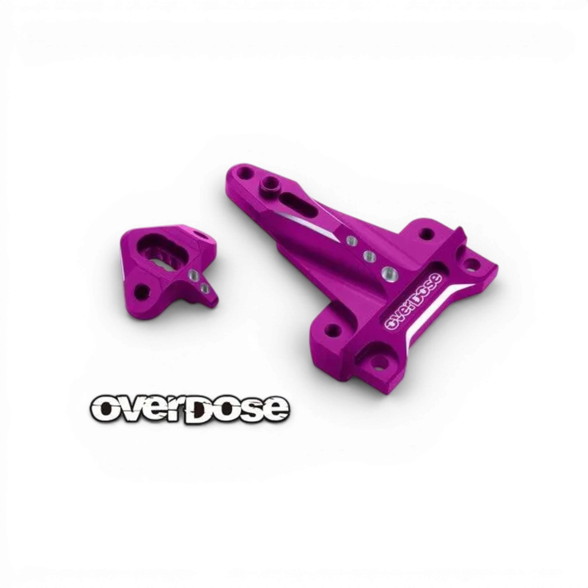 Support d'amortisseurs avant en aluminium pour GALM, pièce détachée Overdose, visible avec fixation robuste et finition en aluminium.