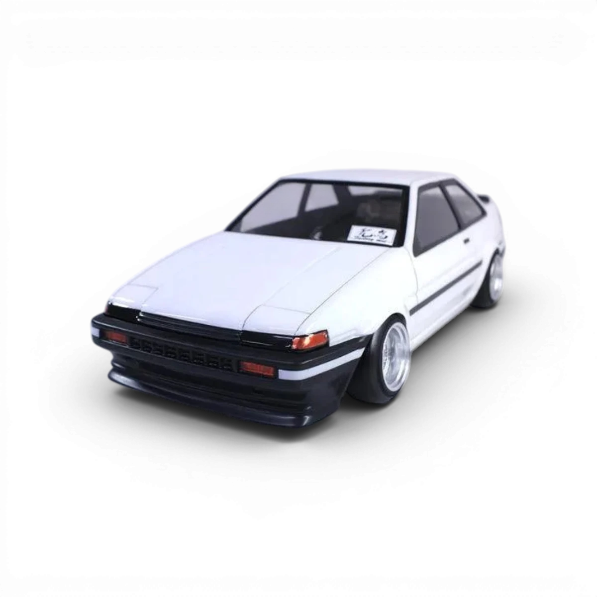 Voiture Toyota AE86 Trueno 2 portes en carrosserie Pandora RC, modèle réduit détaillé, vue de côté, finition précise.