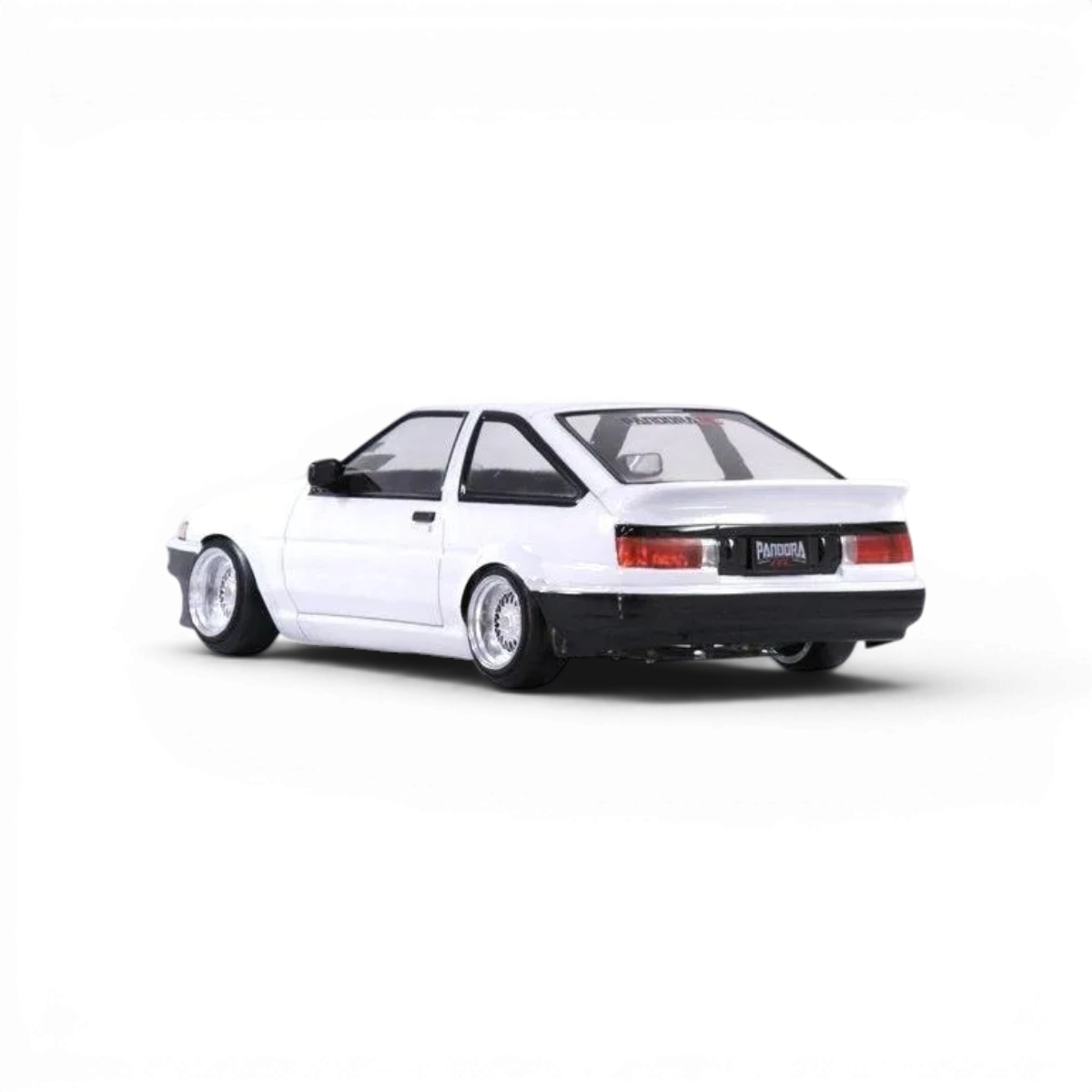 Voiture Toyota AE86 Trueno 3 portes en carrosserie miniature Pandora RC, détail réaliste et design fidèle au modèle original.