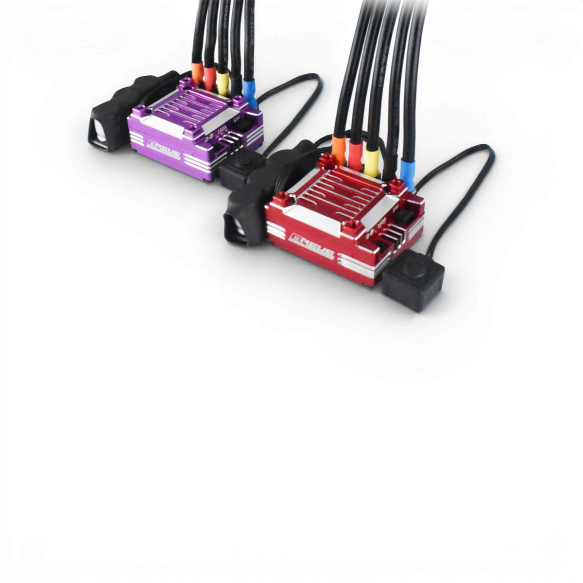 Variateur ESC électronique violet Team Reve D "Breve" pour modélisme RC, vue de l'appareil avec boutons et connecteurs.