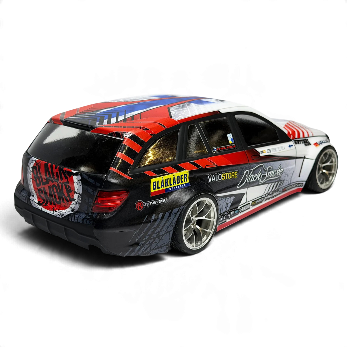 Carrosserie Mercedes C-Class W203.5 Black Smoke Racing de Aplastics RC vue de l'arrière, style racing pour voiture radiocommandée