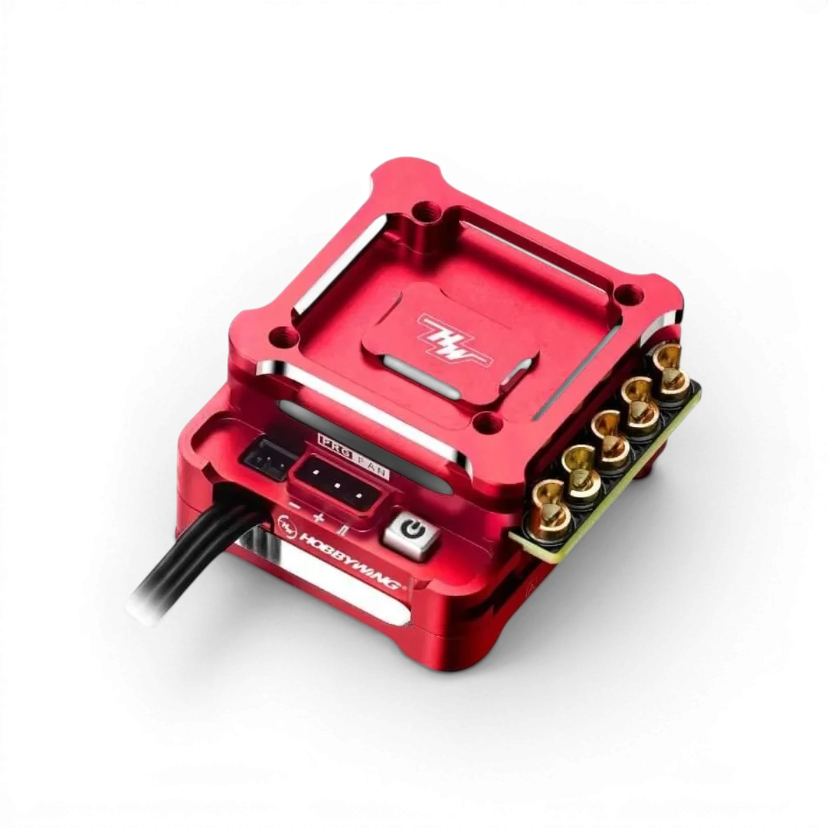 Esc Hobbywing Xerun XD10 Pro sans balais, rouge, pour drift, électronique haute performance, vue de face avec connecteurs.