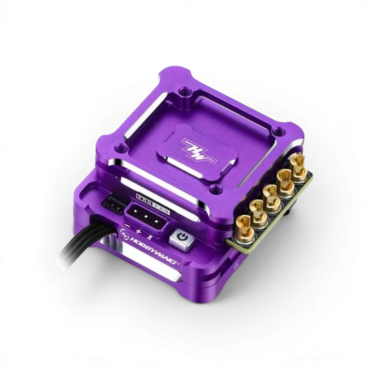 ESC brushless Xerun XD10 Pro Violet de Hobbywing pour drift, électronique haute performance, vue de l'appareil avec connecteurs.