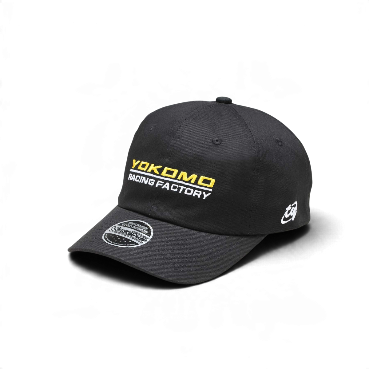 Casquette de course Yokomo Racing Factory avec logo Team Yokomo, accessoire sportif noir avec détails bleus et blancs.